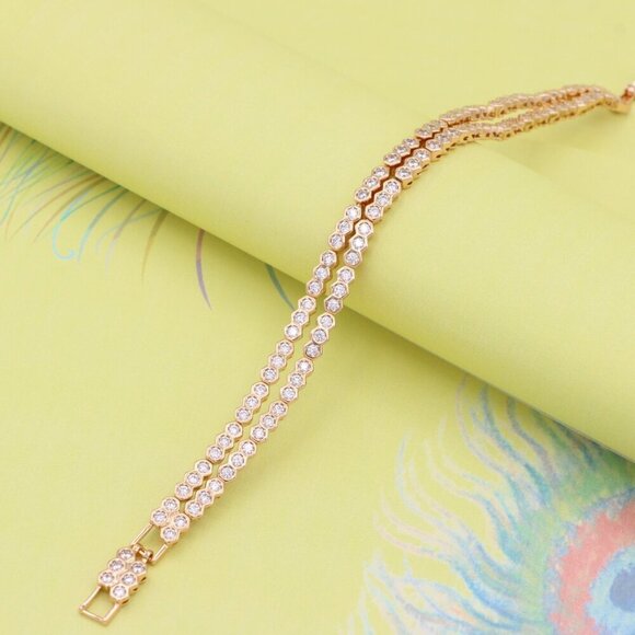 "Elegant Double Layer Rose Gold Bracelet with Hexagonal Crystals, XPBL0924 - Picture 5 of 12